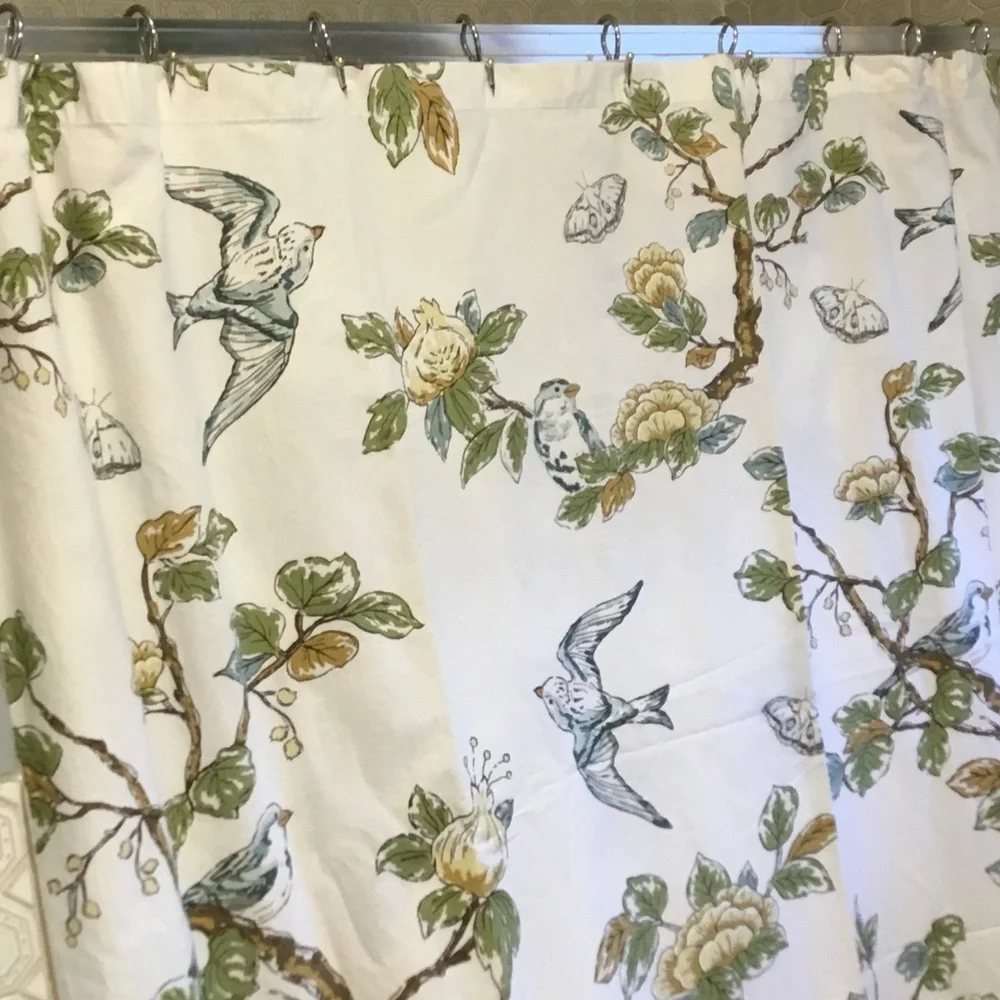 Floral & Bird Print Shower Curtain in Off White, Green, Gold